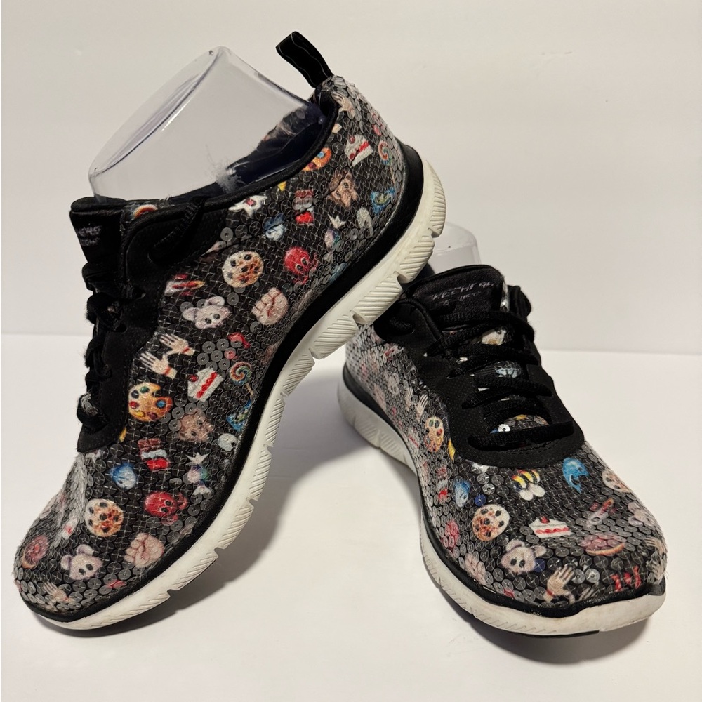 Skechers Women's 7.5 Flex Appeal Emoji Sneaker Black Embellished Black